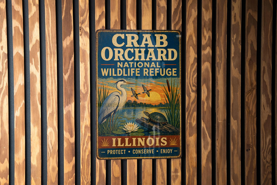 A metal sign for the Crab Orchard National Wildlife Refuge in Illinois, featuring an illustration of a bird and a turtle in a natural setting.