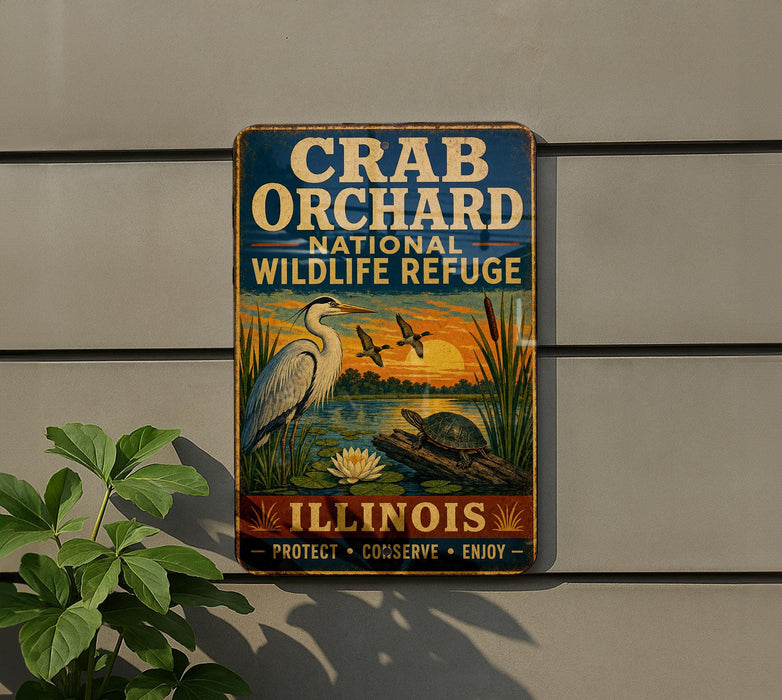 A vintage metal sign for the Crab Orchard National Wildlife Refuge in Illinois, featuring an illustration of a crane, a turtle, and a bird.