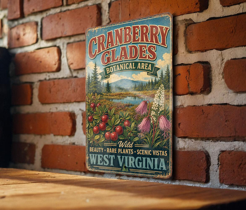 A vintage-style metal sign with the text "Cranberry Glades Botanical Area" is displayed on a brick wall.