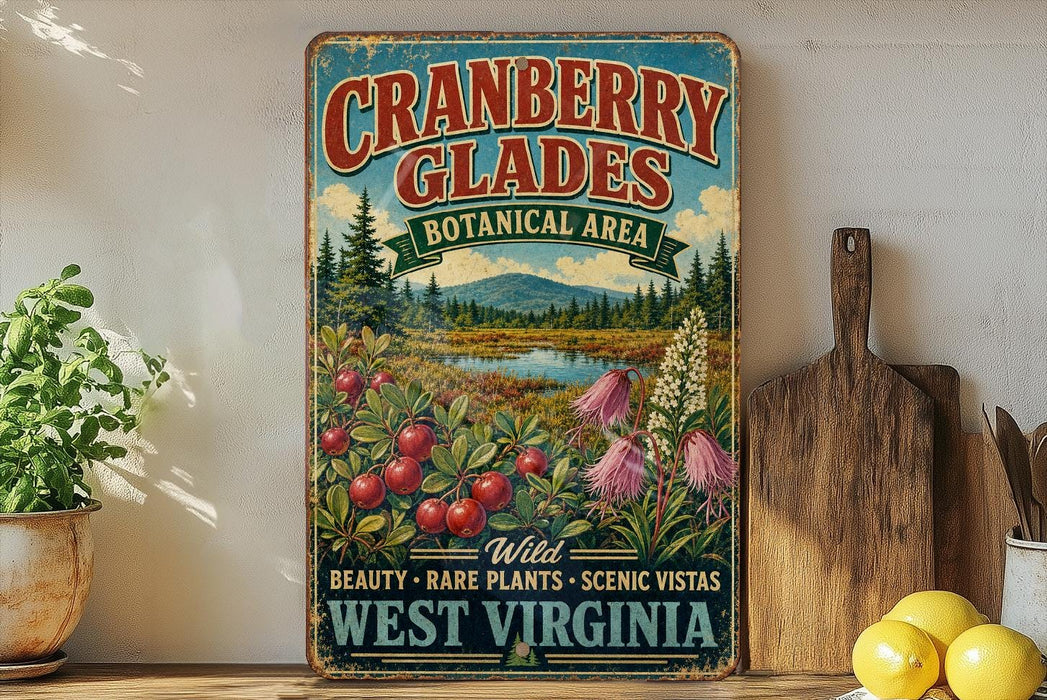 A vintage-style sign advertising cranberry glades, a botanical area in West Virginia, with a scenic landscape featuring a river and pine trees.