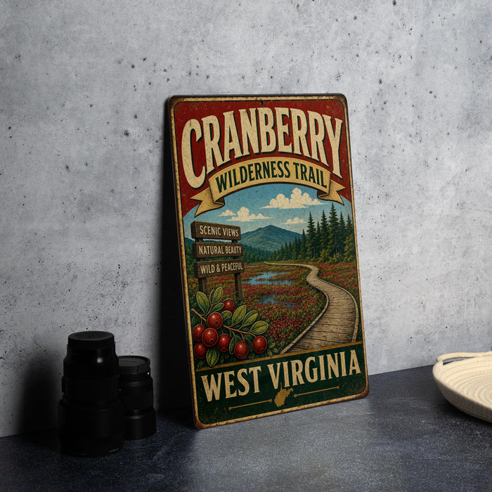 A vintage-style metal sign for the Cranberry Wilderness Trail in West Virginia, featuring a scenic landscape with a winding path, trees, and red berries.