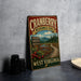 A vintage-style metal sign for the Cranberry Wilderness Trail in West Virginia, featuring a scenic landscape with a winding path, trees, and red berries.
