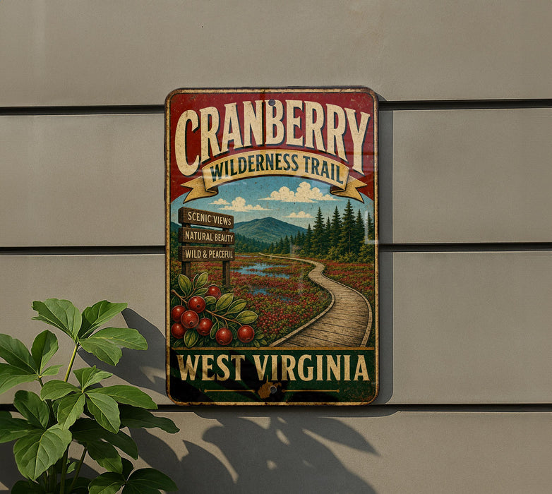 A vintage-style metal sign for the Cranberry Wilderness Trail in West Virginia, featuring a scenic landscape with a winding path, cherry blossoms, and a mountain backdrop.