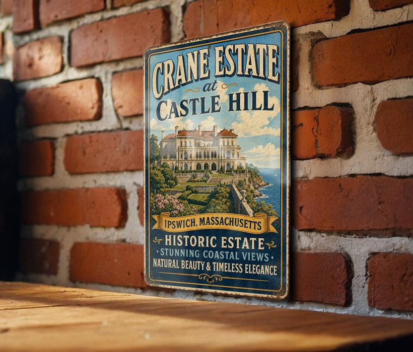 A vintage-style metal sign for Crane Estate at Castle Hill, featuring an illustration of a historic mansion with a scenic coastal view.
