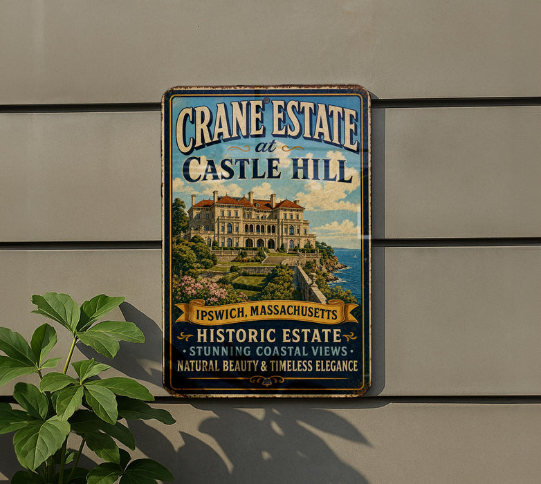 A vintage-style metal sign advertising Crane Estate at Castle Hill in Ipswich, Massachusetts, featuring an illustration of a historic estate with a scenic coastal view.