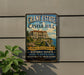 A vintage-style metal sign advertising Crane Estate at Castle Hill in Ipswich, Massachusetts, featuring an illustration of a historic estate with a scenic coastal view.