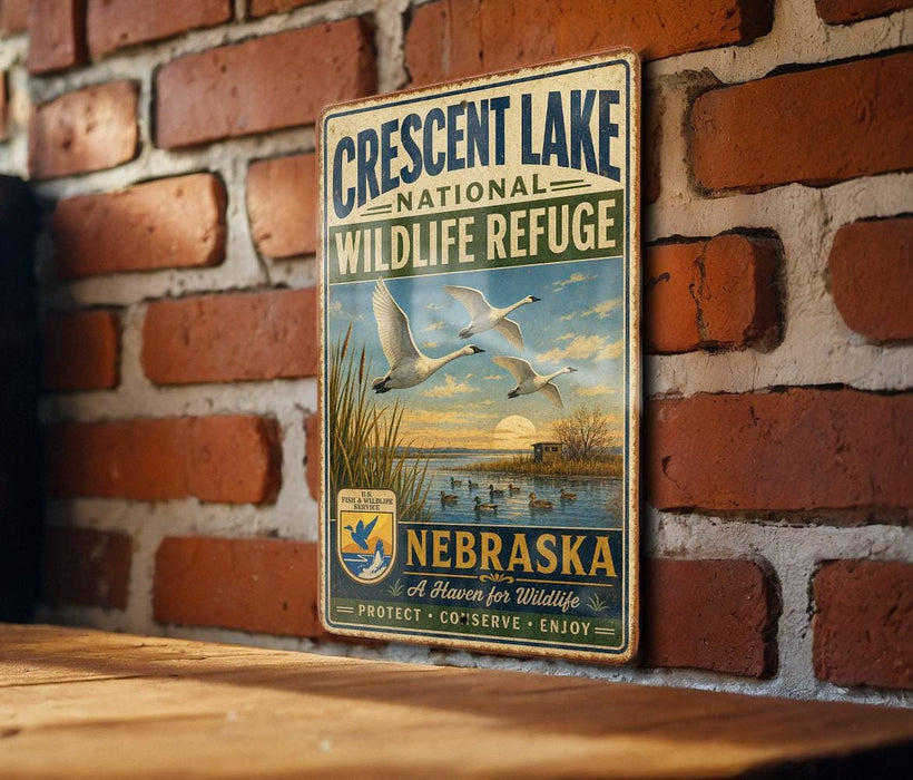A vintage metal sign for the Crescent Lake National Wildlife Refuge in Nebraska, featuring a serene image of ducks swimming in a lake.