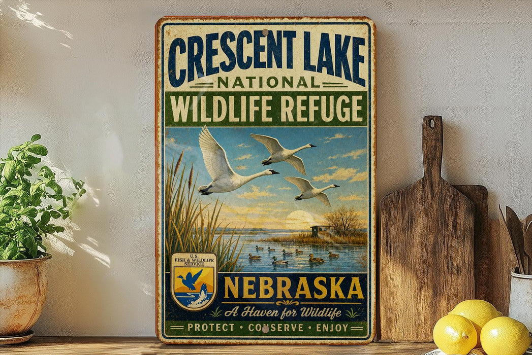 A vintage-style metal sign for the Crescent Lake National Wildlife Refuge in Nebraska, featuring a painting of swans and a lake.