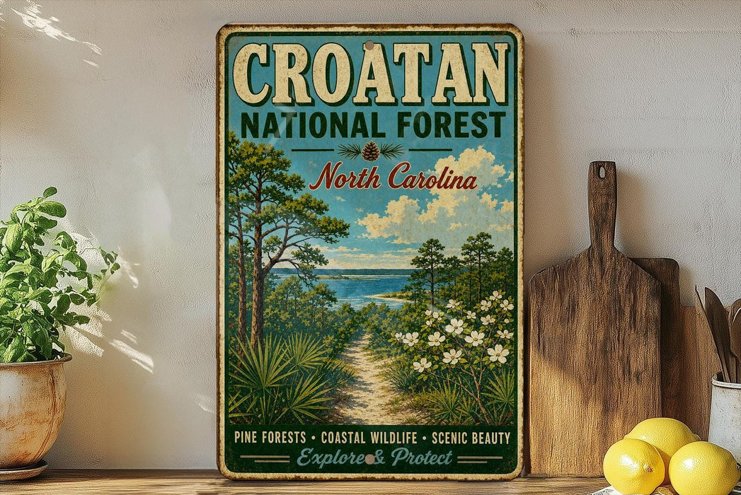 A vintage-style sign for the Croatian National Forest in North Carolina, featuring a scenic landscape with pine forests, coastal wildlife, and scenic beauty.