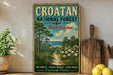 A vintage-style sign for the Croatian National Forest in North Carolina, featuring a scenic landscape with pine forests, coastal wildlife, and scenic beauty.