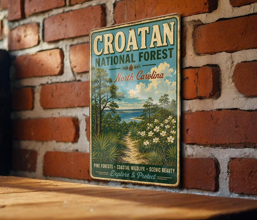 A vintage metal sign for the Croatan National Forest in North Carolina, featuring a scenic landscape with pine forests, coastal wildlife, and scenic beauty.