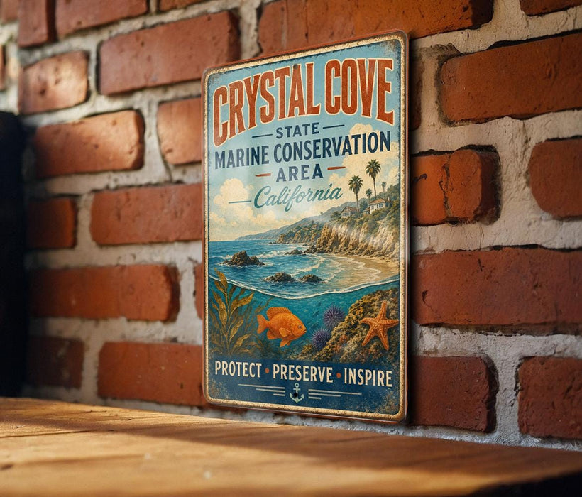 A vintage-style metal sign for Crystal Cove State Marine Conservation Area in California, featuring a coastal landscape with a fish, starfish, and other marine life.
