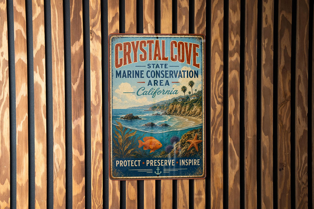 A vintage metal sign for Crystal Cove State Marine Conservation Area in California, featuring an illustration of a coastal landscape with a beach, ocean, and marine life.