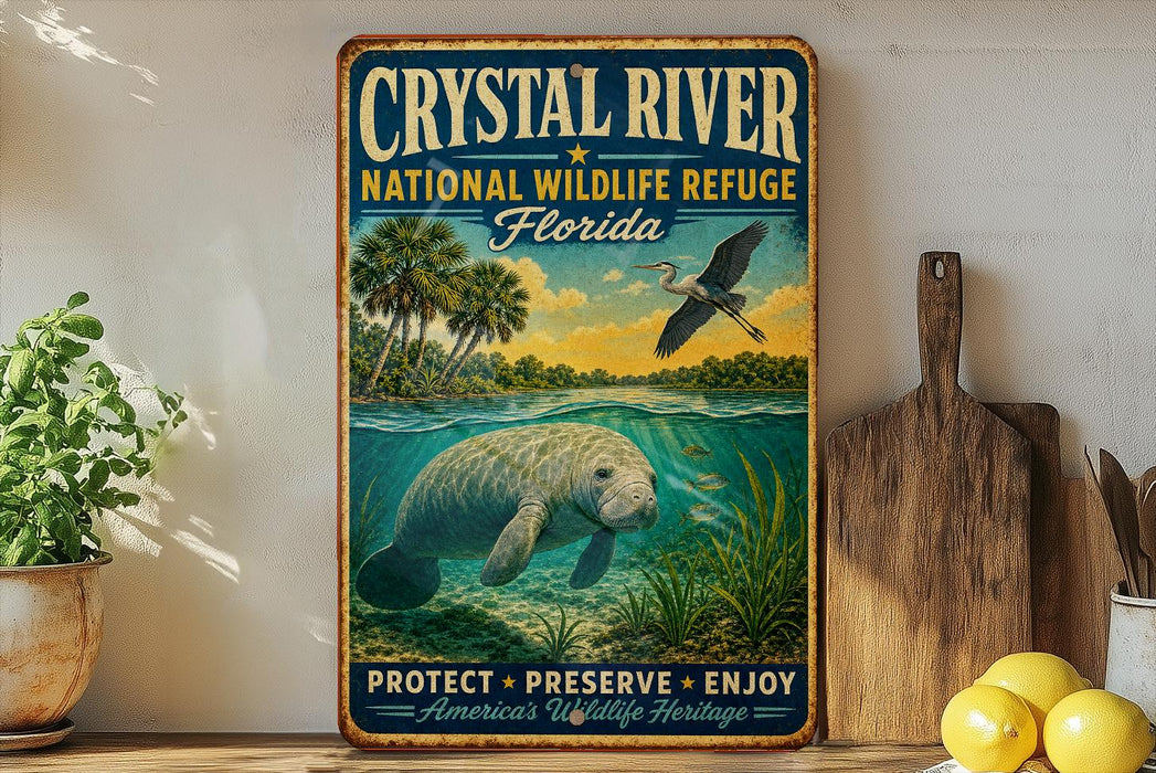 A vintage-style metal sign for the Crystal River National Wildlife Refuge in Florida, featuring an illustration of a manatee swimming in the water.