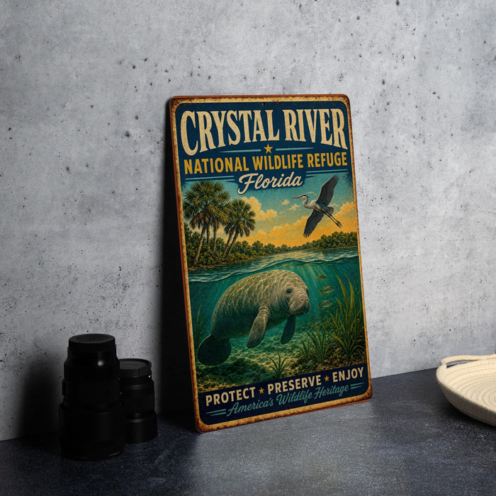 A vintage-style metal sign for the Crystal River National Wildlife Refuge in Florida, featuring an illustration of a manatee and a bird in flight.