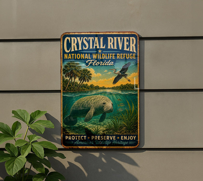 A metal sign with a manatee and palm trees, advertising the Crystal River National Wildlife Refuge in Florida.
