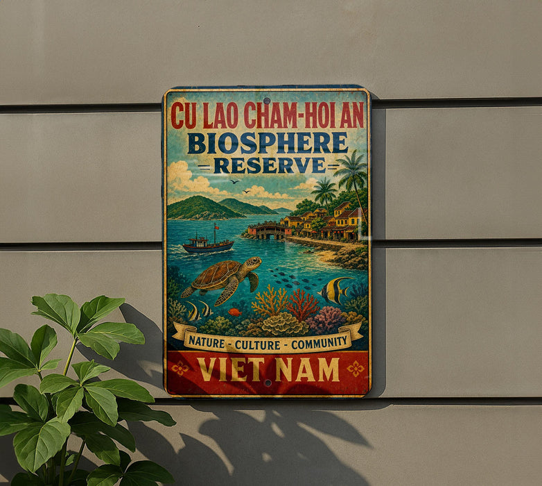 a vintage-style sign for the Cu Lao Cham-Hoi Biosphere Reserve in Vietnam, depicting a tropical beach scene with a turtle swimming in the water.