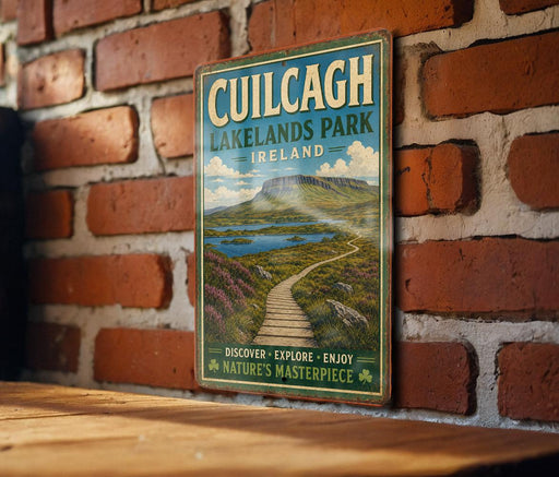 a vintage-style sign for Cuilcag Lakelands Park, Ireland, hanging on a brick wall.