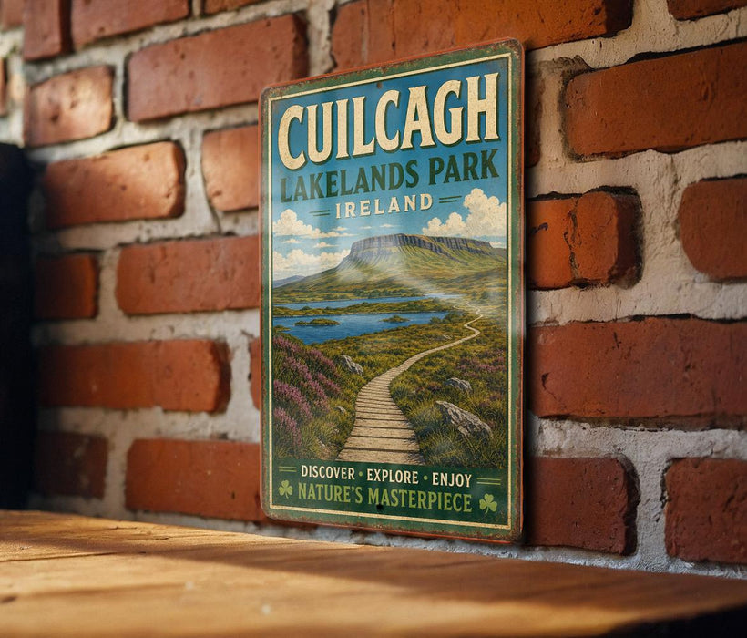 a vintage-style sign for Cuilcag Lakelands Park, Ireland, hanging on a brick wall.