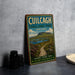 a vintage-style sign for Cuilcagh Lakelands Park, Ireland, with a scenic illustration of a path leading through a lush, green landscape.