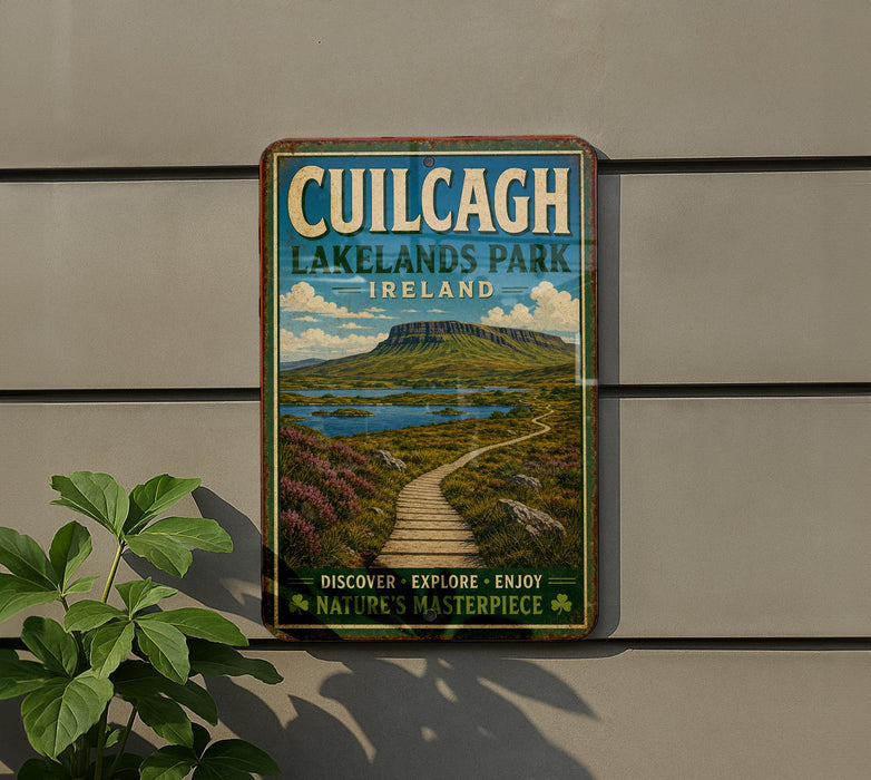 a vintage-style sign for Cuilcag Lakelands Park, Ireland, mounted on a wall.