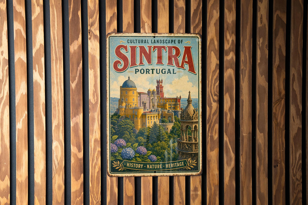 A vintage-style metal sign with the text "CULTURAL LANDSCAPE OF SINTRA PORTUGAL" and an illustration of a castle or palace surrounded by trees and flowers.