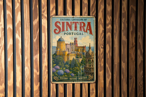 A vintage-style metal sign with the text "CULTURAL LANDSCAPE OF SINTRA PORTUGAL" and an illustration of a castle or palace surrounded by trees and flowers.