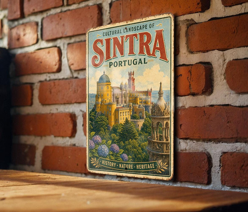 A vintage-style metal sign with the text "CULTURAL LANDSCAPE OF SINTRA PORTUGAL" and an illustration of a castle surrounded by trees and flowers.