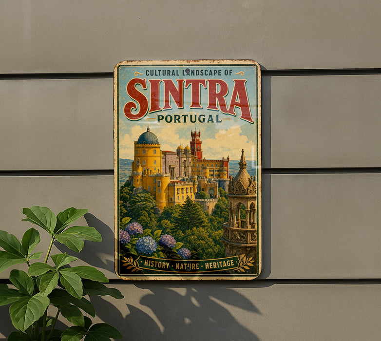 A vintage-style metal sign displaying the cultural landscape of Sintra, Portugal, with a castle and other historic buildings in the background.