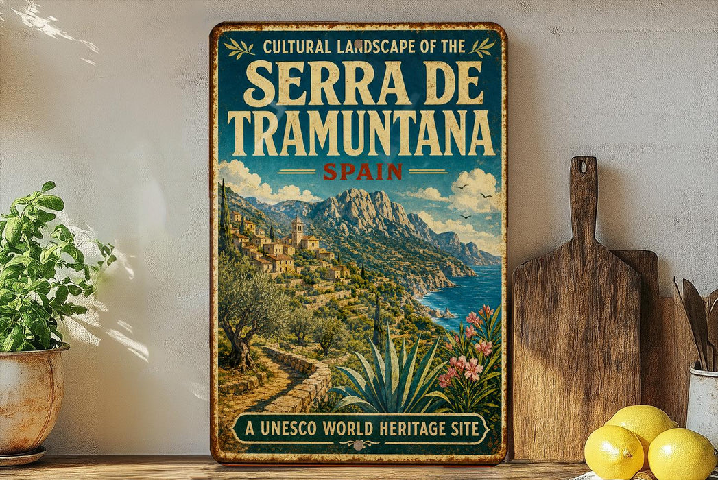 A vintage-style metal sign displaying the text "CULTURAL LANDSCAPE OF SERRA DE TRAMUNTANA SPAIN" with a scenic illustration of a coastal town and mountains.
