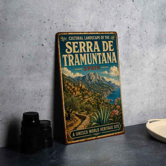 A vintage-style sign for the cultural landscape of the Serra de Tramuntana in Spain, featuring a scenic mountain landscape and a path leading through the area.