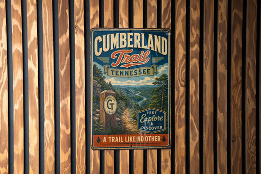 A vintage metal sign for the Cumberland Trail in Tennessee, featuring a scenic mountain landscape and the text "A TRAIL LIKE NO OTHER"