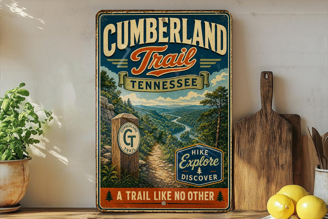 A vintage-style metal sign for the Cumberland Trail in Tennessee, featuring a scenic mountain landscape and a trail marker.