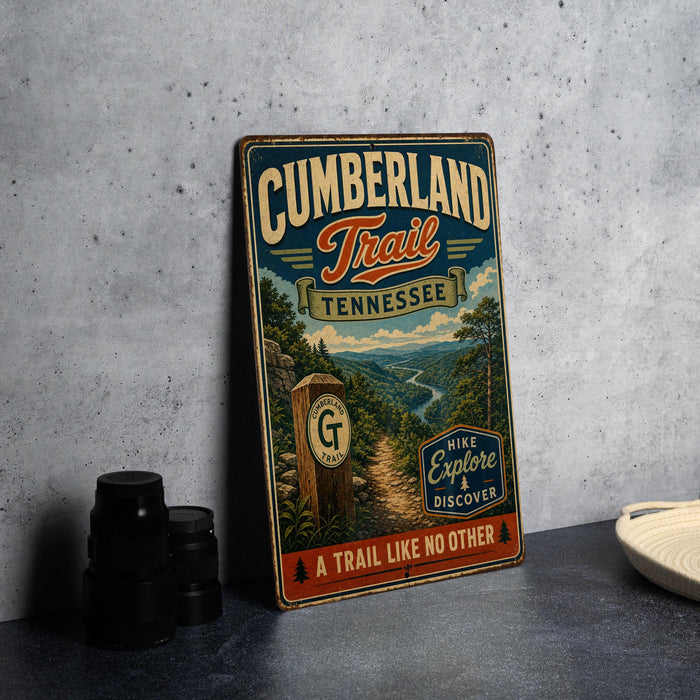 A vintage metal sign for the Cumberland Trail in Tennessee, featuring a scenic illustration of the trail surrounded by nature.