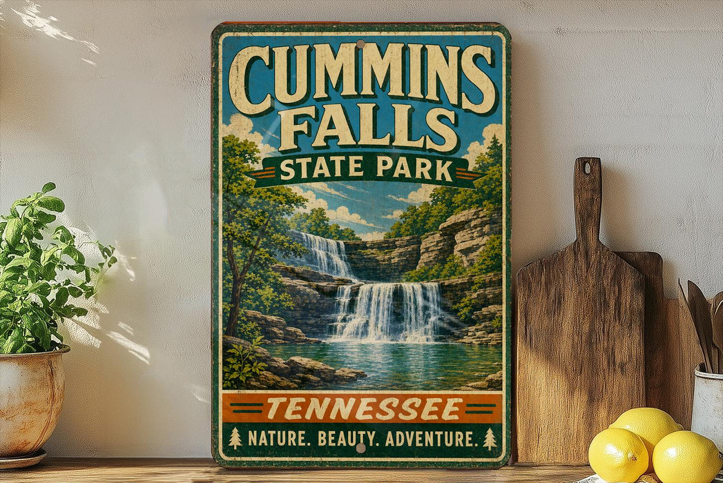 A vintage-style sign for Cummins Falls State Park in Tennessee, featuring a scenic image of a waterfall surrounded by lush greenery.