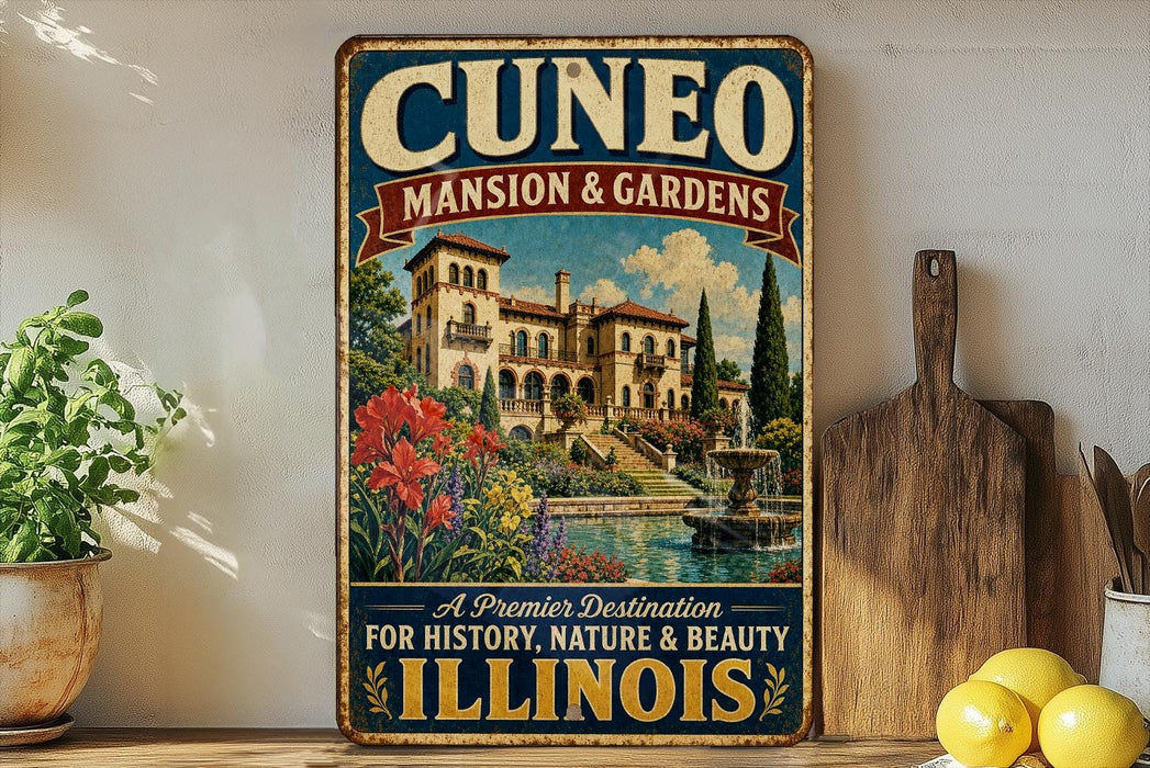 a vintage-style sign for Cuneo Mansion & Gardens, which is described as a "Premier Destination for History, Nature & Beauty Illinois". The sign is displayed on a wooden shelf, with a potted plant and a cutting board nearby.