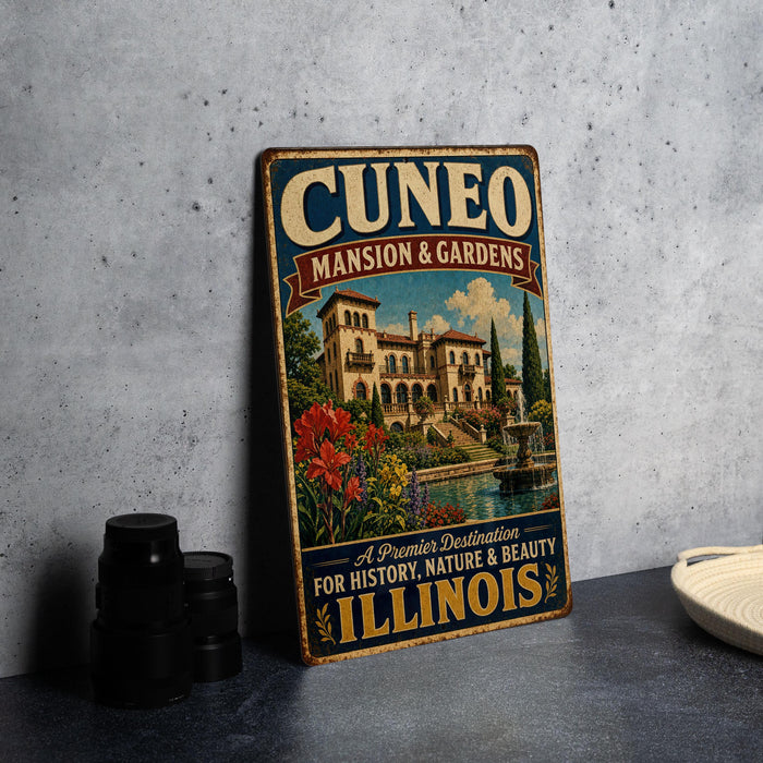 a vintage-style metal sign for Cuneo Palace & Gardens, advertising it as a "Premier Destination for History, Nature & Beauty" in Illinois.