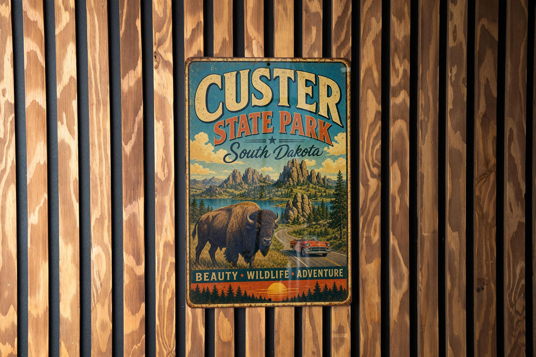 A vintage metal sign for Custer State Park in South Dakota, featuring a buffalo and a scenic landscape.