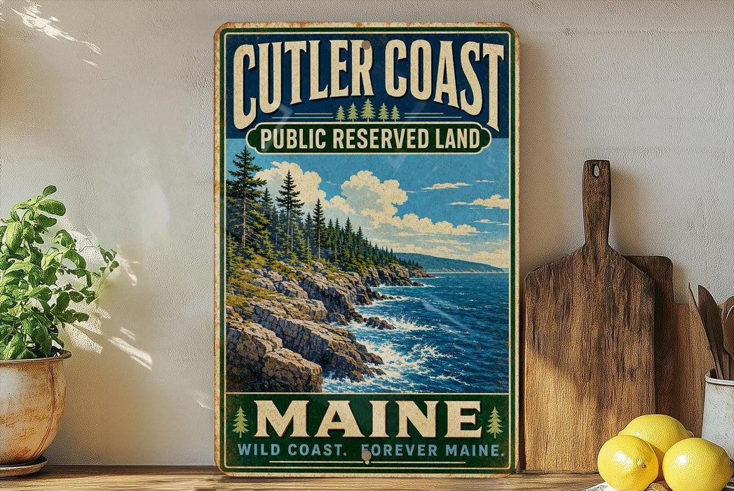 A vintage-style metal sign for Cutler Coast Public Reserve Land in Maine, featuring a scenic coastal landscape with rocky cliffs, pine trees, and the ocean.