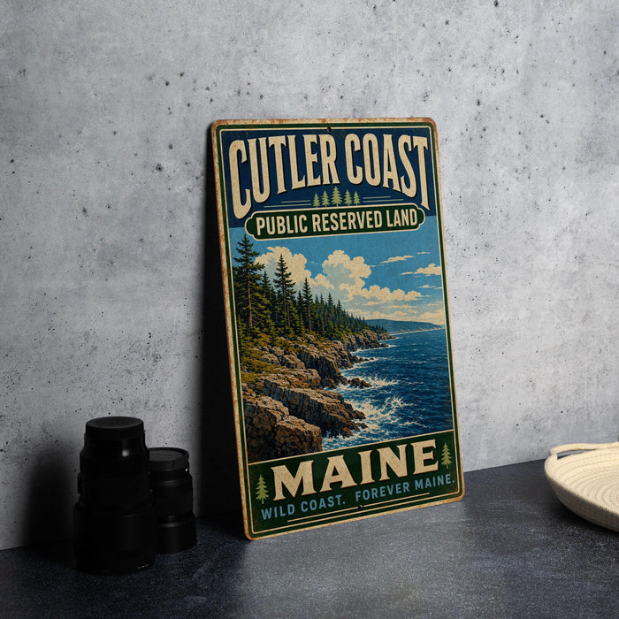 A vintage metal sign for Cutler Coast Public Reserve Land, featuring a scenic coastal landscape with rocky cliffs, pine trees, and the ocean.