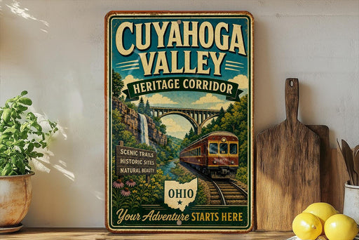 a vintage-style sign for the CuyaHOGA VALLEY Heritage Corridor, which includes a scenic train and natural beauty.