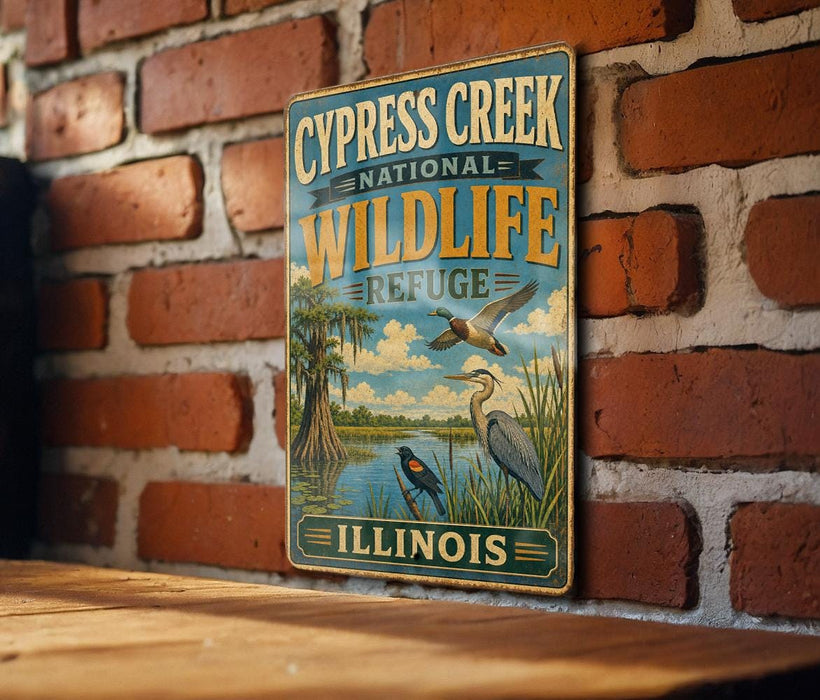 A vintage-style metal sign for the Cypress Creek National Wildlife Refuge in Illinois, featuring an illustration of wildlife in a natural setting.