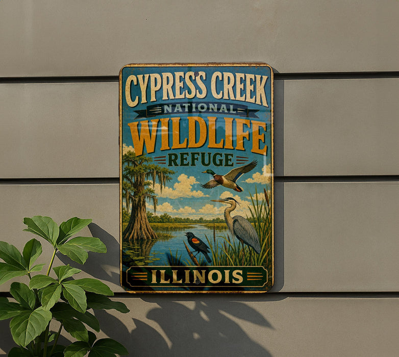A vintage-style metal sign for the Cypress Creek National Wildlife Refuge in Illinois, featuring an illustration of wildlife in a natural setting.