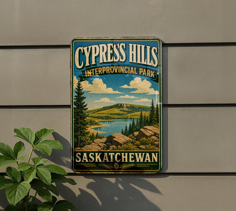 A vintage-style sign for Cypress Hills, an interprovincial park in Saskatchewan, Canada.