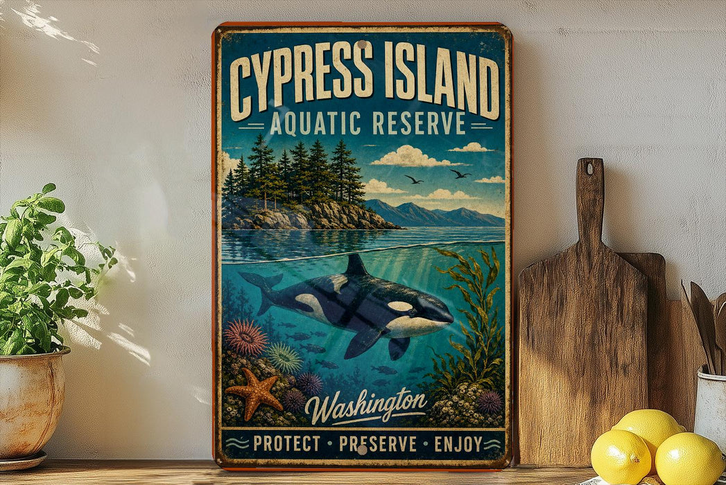 a vintage-style sign for the Cypress Island Aquatic Reserve, which is a protected and preserved natural area in Washington. The sign displays a painting of a whale swimming in the ocean, surrounded by various marine life and a scenic landscape. The sign also includes the words "Protect, Preserve, Enjoy" at the bottom, emphasizing the importance of conservation and enjoyment of the reserve.
