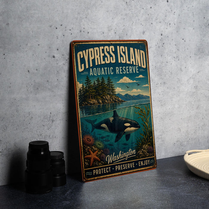 A vintage-style sign for the Cypress Island Aquatic Reserve in Washington, featuring an illustration of a whale swimming in the ocean.