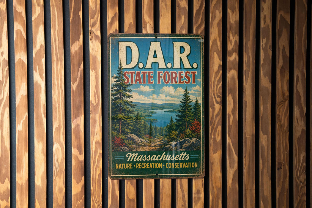 A vintage metal sign for the D.A.R. State Forest in Massachusetts, featuring a scenic landscape with pine trees and a lake.