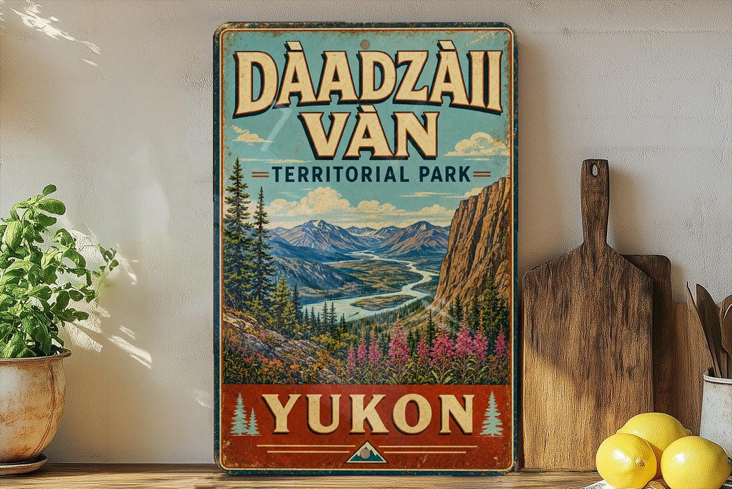 a vintage-style sign for Dáadzálí Ván, a famous park in Yukon, Canada. The sign is displayed on a wooden shelf, surrounded by various kitchen utensils and a potted plant.