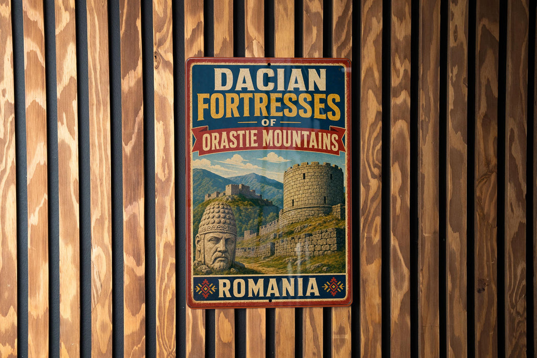 A vintage metal sign with the text "DACIAN FORTESSES OF ORASTIE MOUNTAINS ROMANIA" is displayed on a wooden wall.