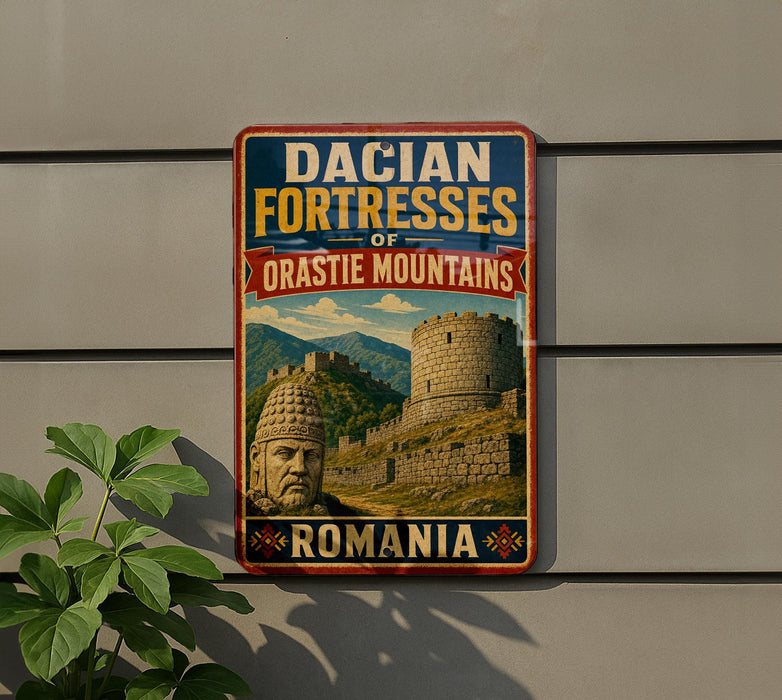 A vintage-style sign for the Dacian Fortresses of Oristie Mountains in Romania, featuring a castle and mountains in the background.